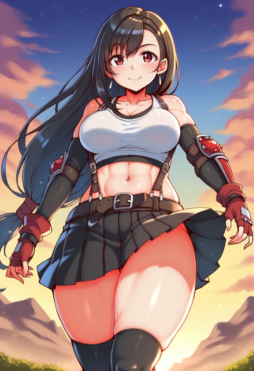 ,2020s_(style),,core_9, score_8_up, score_7_up,score_6, score_5,rating_safe BREAK , (from below),below view,Dutch angle,(foot focus),standing,,(leg up,Stomping),(medium shot),looking_at_viewer ,1girl, tifa lockhart, final fantasy, tareme,black hair, low-tied long hair, red eyes, bangs, (white tank top, belt, pleated skirt, thighhighs, elbow fingerless gloves, elbow pads, midriff, navel,suspender skirt) ,large_breasts,(light smile),,,Solo,,(daytime and outdoor and mountain),hyper detailed,beautiful,great lighting, perfect hands, detailed shadows,anime artwork, anime style, key visual, vibrant, studio anime,UHD,HDR,highly detailed,anime coloring, masterpiece, best quality,best aestethic, absurdres,,professional lighting,cinematic lighting,