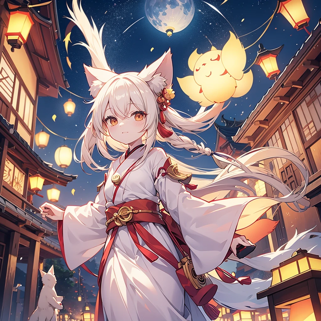 lanterns flying off into the sky, kitsune people
