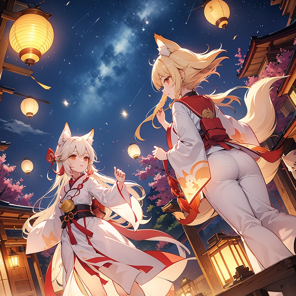 lanterns flying off into the sky, kitsune people