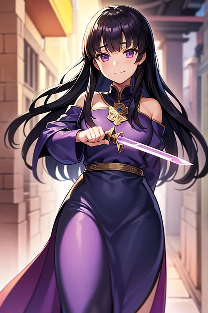 Highest quality, masterpiece, High resolution, alone, (Fire emblem),(FE Heroes_Olwen),Evening sky_background,Young Girl,(smug face),(black_Hair Color), (Bob_Hairstyle),4K, masterpiece,, alone, 1,whole body,looking at the camera, Fumaru,(purple_coat)Sharp Eyes,(Thunder),(Full Finger), (sword_Get Ready), (The finer details), (Anatomically correct), (映画のbackground), Hyper Detail, (Subtle details), (Intricate details)
