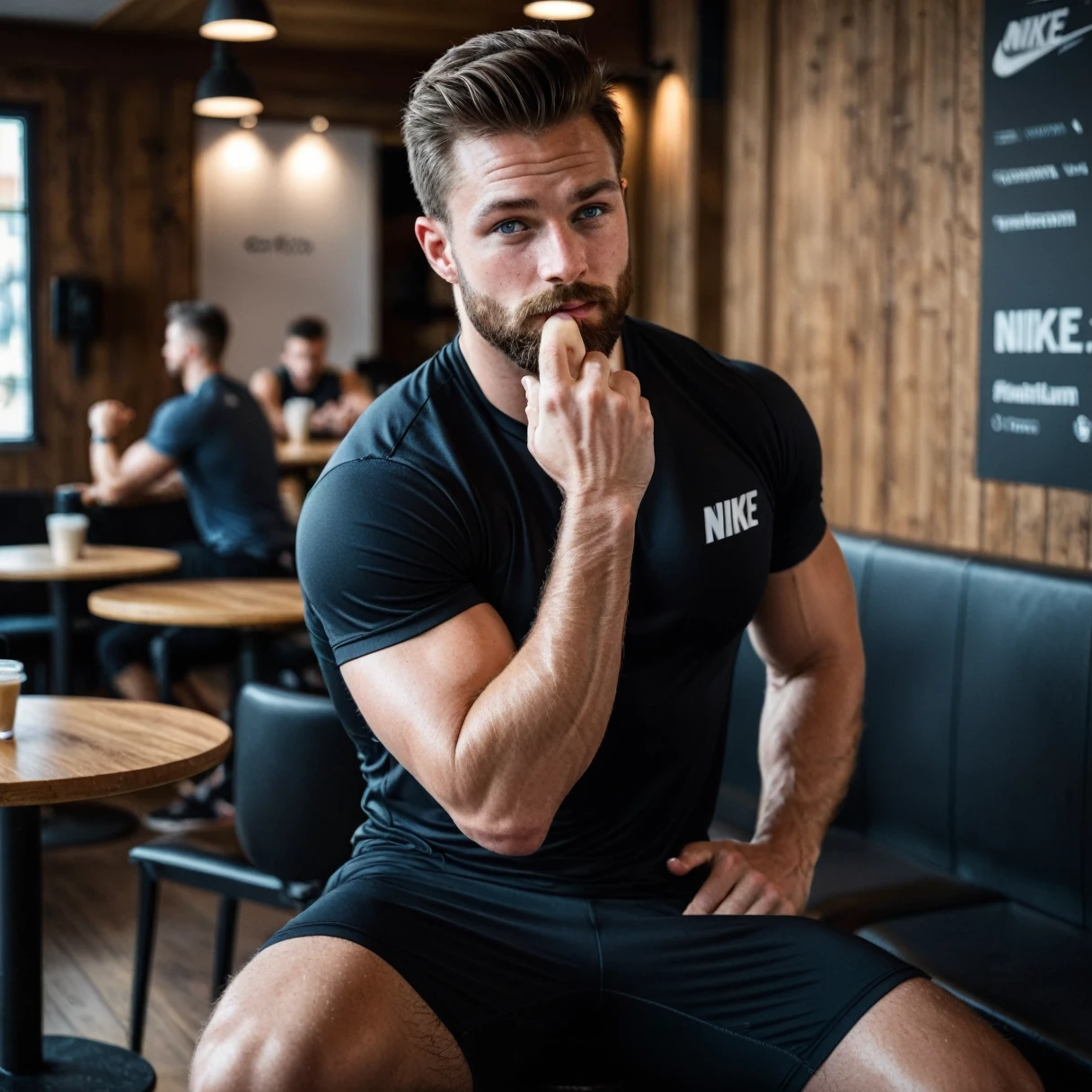 RAW-Foto, handsome man with beard in black sportswear, he shows his muscles in a bodybuilding pose, he sits in a hall, sitting in a cafe, Brand logo from Nike on the shirt, detailed face, blue eyes, (highly detailed skin:1.2), 8K  UHD, dslr, soft lighting, good quality, film grain, Fujifilm XT3 dappled light on the face, pale skin, Hautporen, oiled, shiny skin, skin blemishes, impure skin, complicated skin details, visible skin detail, detailed skin structure, Blush, folds, Vitiligo spots, moles, Blackheads, Blackheads, white pimples, red pimples, Schönheitsfleck, Hautflaum, [[[[[freckles]]]]] (perfect eyes), ((perfect hands with four fingers and one thumb each))