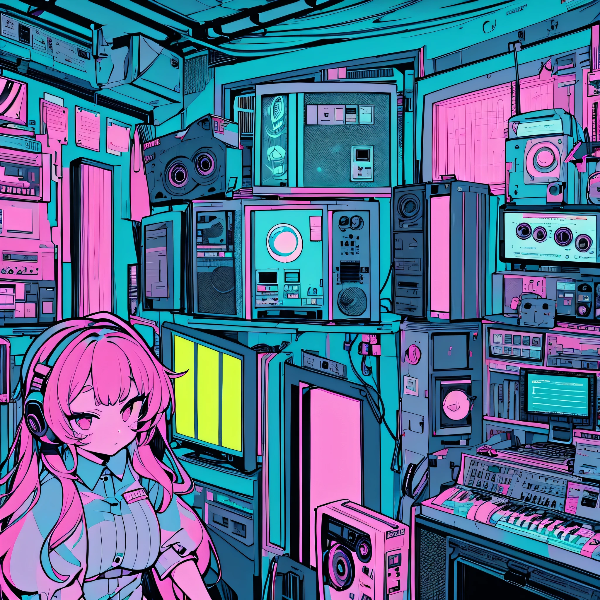 Best quality, (masterpiece), best detail face,1 girl, big breasts, 18 yo, 8k,absurdres,unity 8k wall paper,(extremely detailed:1.3), highest realistic, (retro headphones:), (soft neon light:), (psychedelic), Her room full of music equipment and plants, Light clothing in summer, See the whole room, She is leaving the room, natural color palette