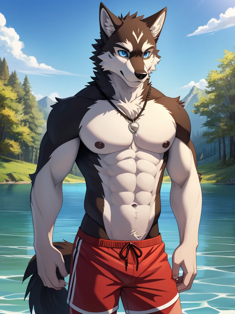 (masterpiece, 4K, ultra detailed), wolf furry, black fur, white belly fur, masculine, outside, lake, sunny, athletic, age, no accesory, cartoony, anime, close view, naked, penis, blue anime eyes