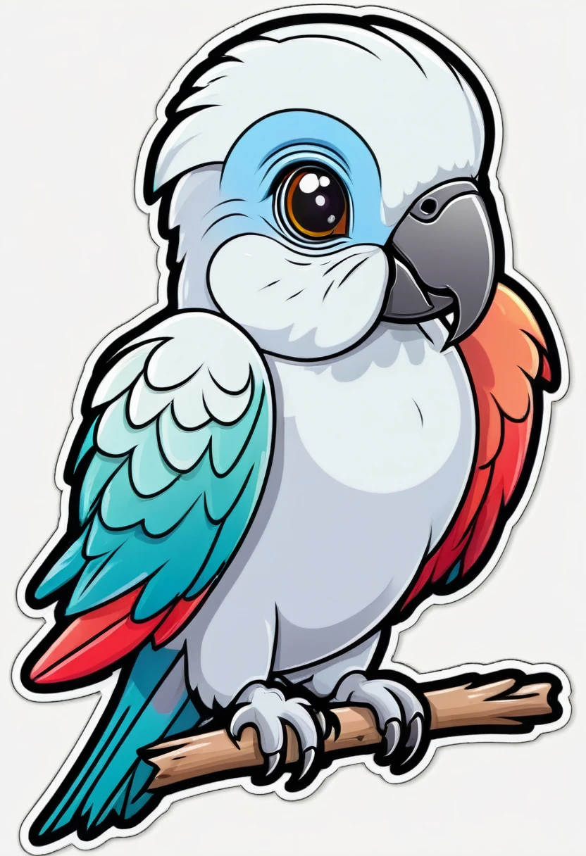 sticker, happy colored parrot, kawaii, outline, vector, white background