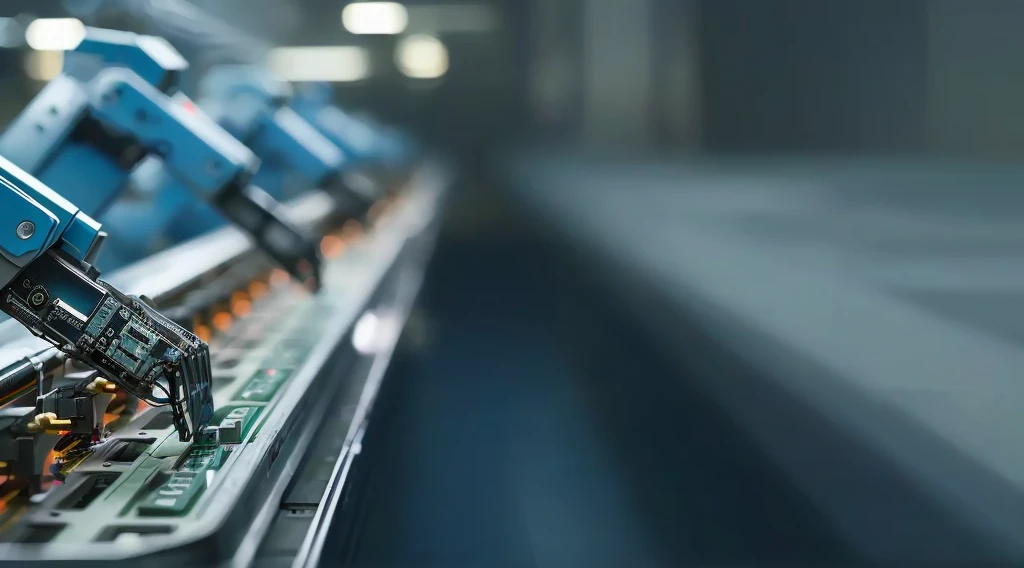 There is a lot of work on the computer, 先进的technology, Factory Background, On a dark background, rack focus, 执行industry旗帜, High quality details, Interesting background, conveyor, Business Banner, Industrial Photography, High-quality images, industry, Background blur, Light, High-quality photos, Looking at the camera, technology, platform, Wide-angle lens, manufacturing