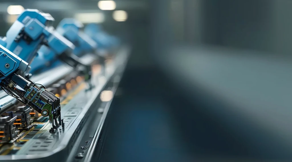 There is a lot of work on the computer, 先进的technology, Factory Background, On a dark background, rack focus, 执行industry旗帜, High quality details, Interesting background, conveyor, Business Banner, Industrial Photography, High-quality images, industry, Background blur, Light, High-quality photos, Looking at the camera, technology, platform, Wide-angle lens, manufacturing