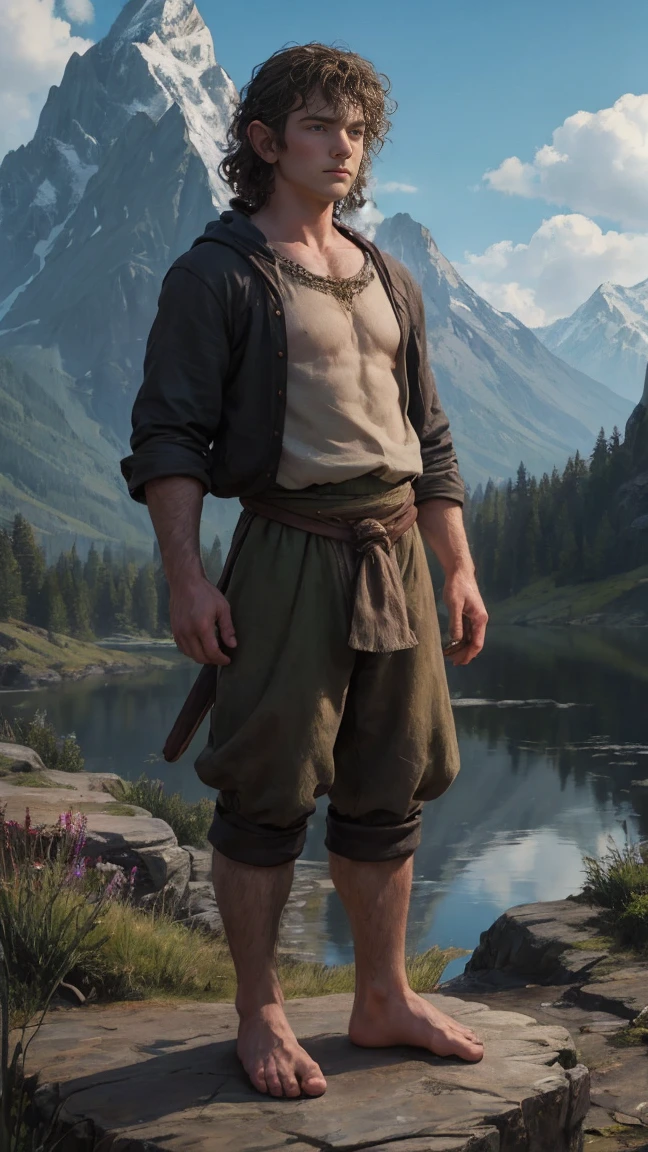 Мартин Фримен в роли Бильбо Бэггинс или hobbit туда и обратно,curly hair, without shoes, barefoot, hobbit, cinematic, against the backdrop of Mount Erebor Fantasy