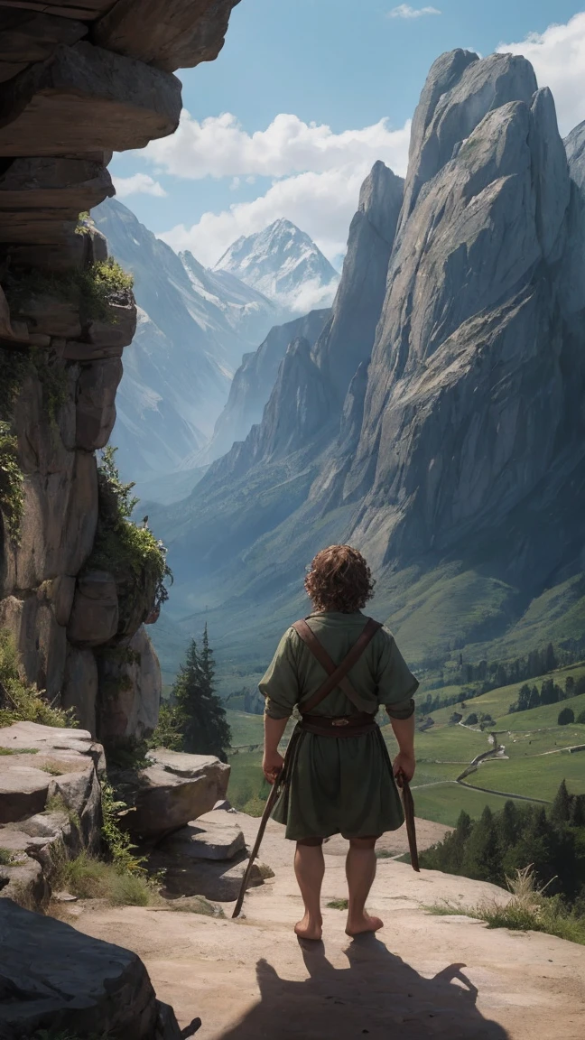 Мартин Фримен в роли Бильбо Бэггинс или hobbit туда и обратно,curly hair, without shoes, barefoot, hobbit, cinematic, against the backdrop of Mount Erebor Fantasy