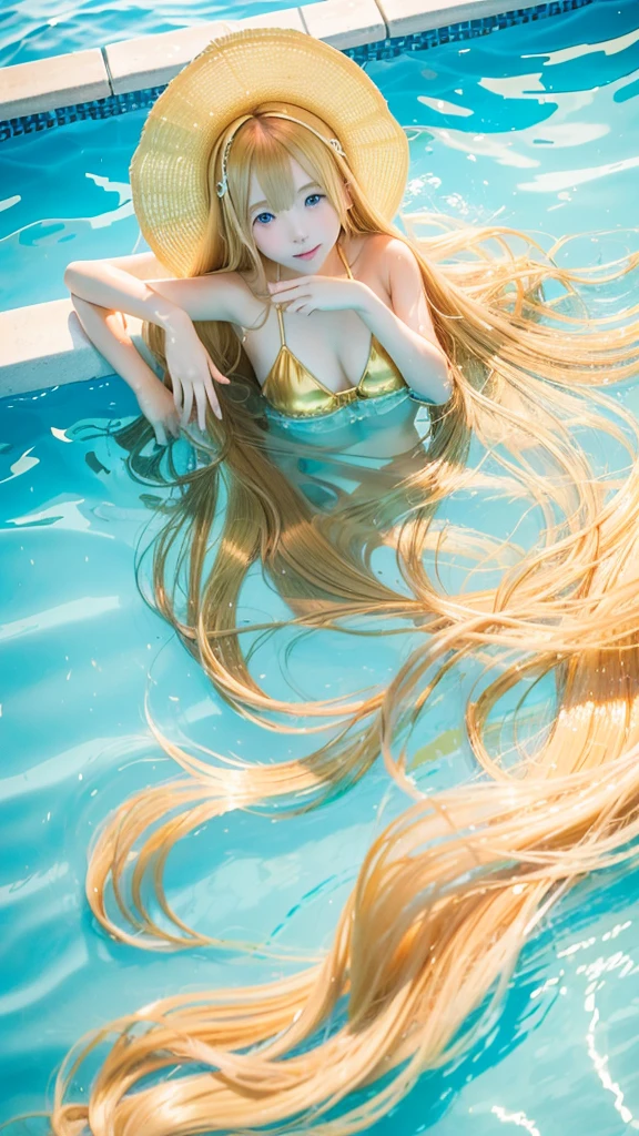 Swimming in the pool, Beautiful super long straight silky soft hair shining dazzling golden color、bright expression、Blonde girl posing with white swimwear、long golden silky bangs between the eyes,、fair skin with glossy skin、Pink cheeks、Shiny cheeks、Real life girls、 14 year old girl、Beautiful big bright blue eyes
