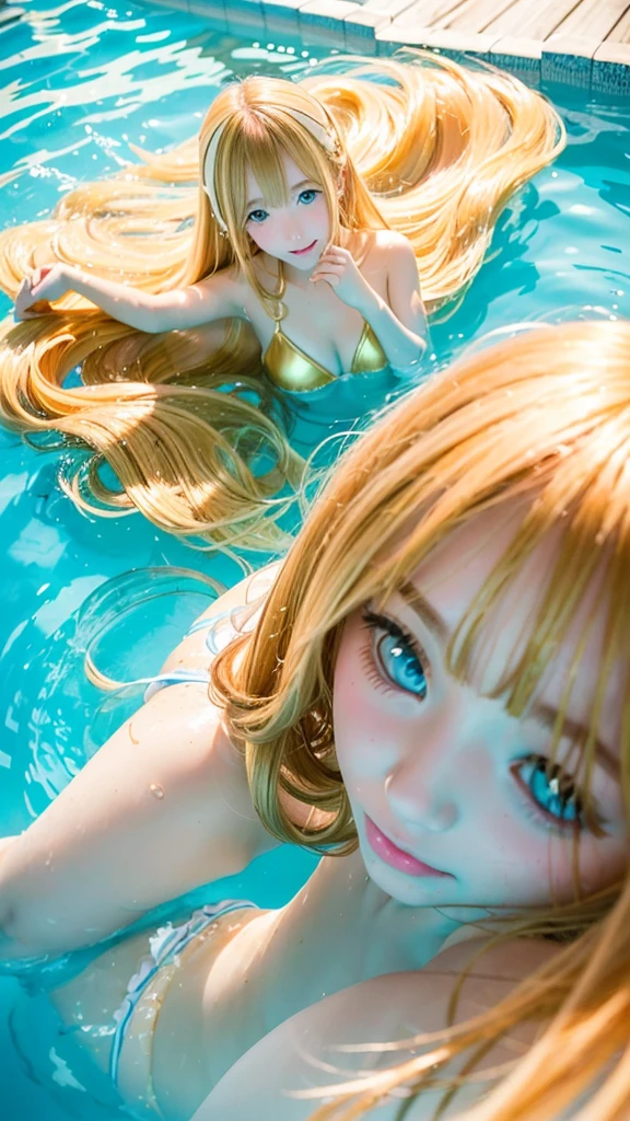 Swimming in the pool, Beautiful super long straight silky soft hair shining dazzling golden color、bright expression、Blonde girl posing with white swimwear、long golden silky bangs between the eyes,、fair skin with glossy skin、Pink cheeks、Shiny cheeks、Real life girls、 14 year old girl、Beautiful big bright blue eyes