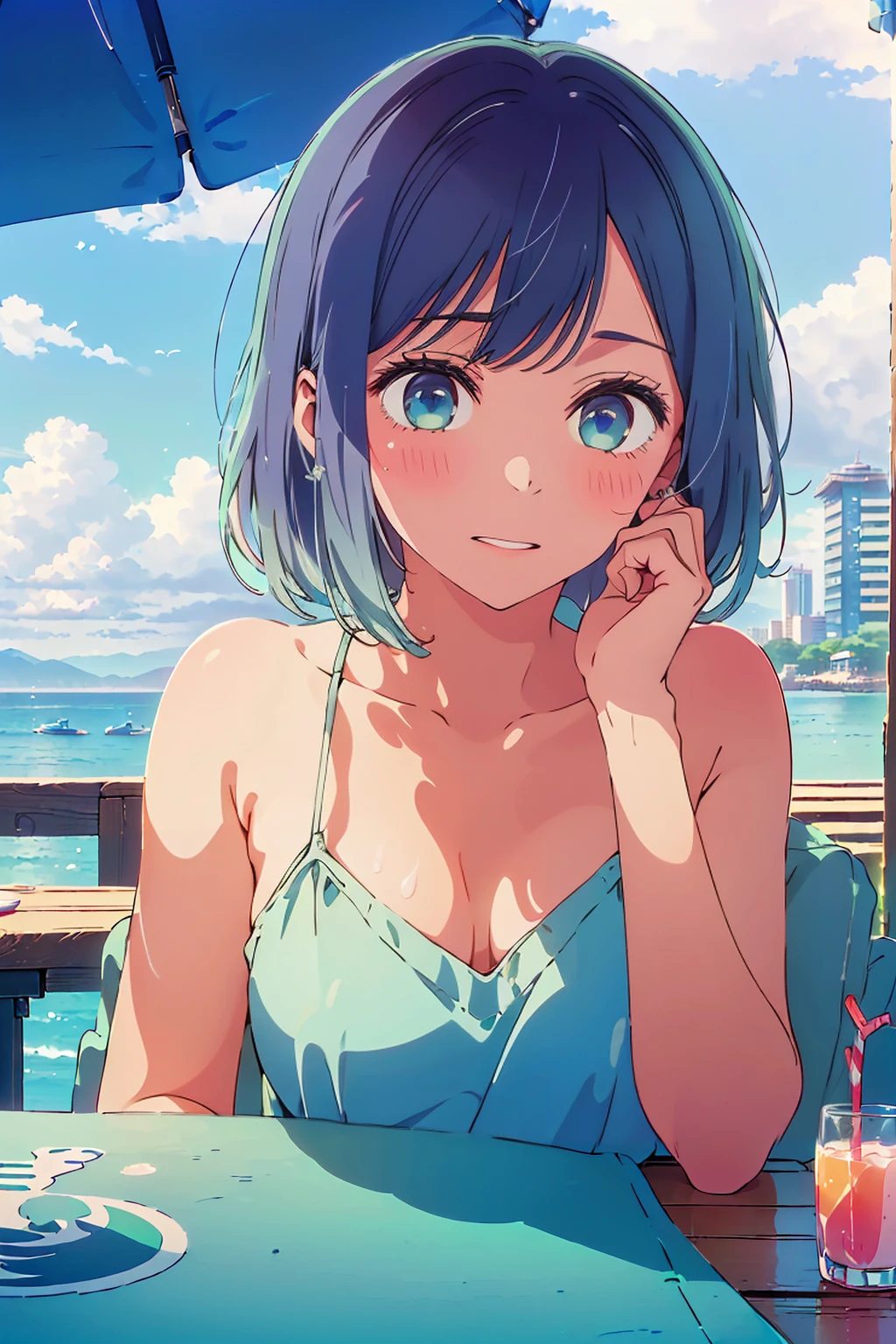(Highest quality:1.4、masterpiece:1.4、Very detailed:1.4、Ultra-high resolution:1.4、8K:1.4)、F cup bust、Big Breasts、The body is slim、((((1 person、Surprised expression、sit、Chair、In the background you can see the urban buildings of Tokyo.、Looking into the camera、Outdoor cafe terrace、Coastal、juice、Shot up close、table、Very cute face))))、(Pose with hands behind ears:1.4、Place your cheek on your hand:1.4）、((nude、very beautiful areola))、camisole、Side bust、Nipples、Very blue sky、cloudless sky