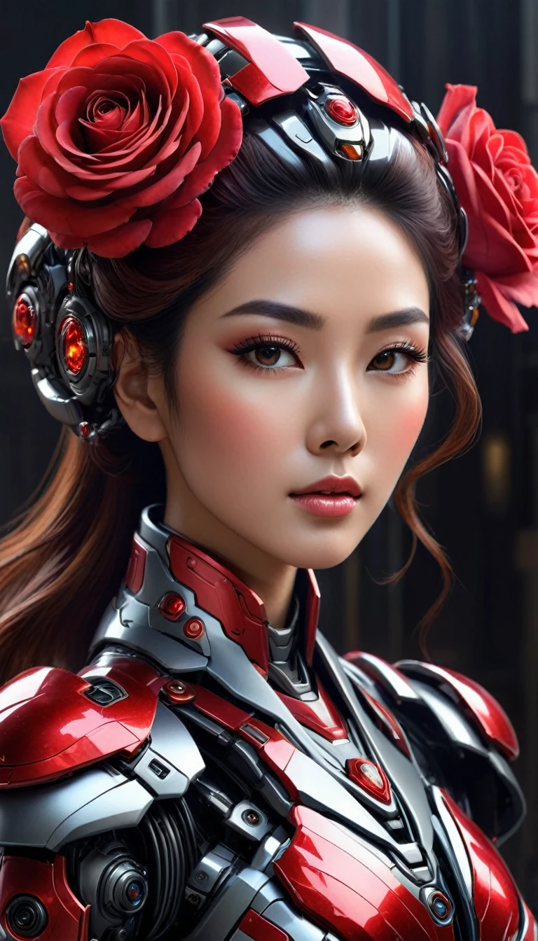 Here's an updated image prompt that incorporates the Malay woman's beautiful widow head:

"Create a hyper-realistic digital artwork featuring a futuristic mecha with a unique, intricately designed body that resembles a red rose. The mecha's body should be rendered in exquisite detail, with delicate petals unfolding from its core to reveal a glowing, iridescent red crystal at its center. The crystal should emit a soft, pulsing light that casts a warm glow on the surrounding environment.

The mecha's surface should be adorned with intricate, swirling patterns that evoke the beauty of nature, with subtle shading and texture that gives the impression of delicate, almost translucent petals. The overall design should exude a sense of elegance and sophistication, as if the mecha were a living, breathing creature.

The mecha's head should be designed with an open-face helmet, revealing a beautiful Malay woman's face with a stunning widow's peak hairstyle. The face should be rendered in photorealistic detail, with subtle skin texture and facial expressions that convey a sense of calm and serenity. The eyes should be bright and expressive, with a subtle shine that suggests a sense of intelligence and awareness.

The widow's peak hairstyle should be intricately designed, with delicate braids and adornments that reflect the rich cultural heritage of Malay culture. The overall design should be a beautiful representation of Malay beauty and elegance.

In the background, create a subtle, gradient-like effect that suggests a warm, sunset-inspired color palette, with soft, wispy clouds drifting lazily across the sky. The overall atmosphere should be one of serenity and tranquility, as if the mecha were standing peacefully in a serene, natural environment.

The image should be rendered in stunning, photorealistic detail, with attention paid to every aspect of the design, from the delicate texture of the petals to the subtle glow of the crystal. The final image should be a breathtakin