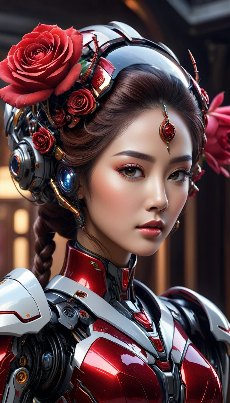 Here's an updated image prompt that incorporates the Malay woman's beautiful widow head:
"Create a hyper-realistic digital artwork featuring a futuristic mecha with a unique, intricately designed body that resembles a red rose. The mecha's body should be rendered in exquisite detail, with delicate petals unfolding from its core to reveal a glowing, iridescent red crystal at its center. The crystal should emit a soft, pulsing light that casts a warm glow on the surrounding environment.
The mecha's surface should be adorned with intricate, swirling patterns that evoke the beauty of nature, with subtle shading and texture that gives the impression of delicate, almost translucent petals. The overall design should exude a sense of elegance and sophistication, as if the mecha were a living, breathing creature.
The mecha's head should be designed with an open-face helmet, revealing a beautiful Malay woman's face with a stunning widow's peak hairstyle. The face should be rendered in photorealistic detail, with subtle skin texture and facial expressions that convey a sense of calm and serenity. The eyes should be bright and expressive, with a subtle shine that suggests a sense of intelligence and awareness.
The widow's peak hairstyle should be intricately designed, with delicate braids and adornments that reflect the rich cultural heritage of Malay culture. The overall design should be a beautiful representation of Malay beauty and elegance.
In the background, create a subtle, gradient-like effect that suggests a warm, sunset-inspired color palette, with soft, wispy clouds drifting lazily across the sky. The overall atmosphere should be one of serenity and tranquility, as if the mecha were standing peacefully in a serene, natural environment.
The image should be rendered in stunning, photorealistic detail, with attention paid to every aspect of the design, from the delicate texture of the petals to the subtle glow of the crystal. The final image should be a breathtakin