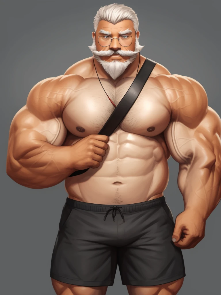 solo, 1boy, Huge Muscular Old man wearing glasses , pectoral, huge pectoral, wide pectoral, short white hair, short pants and shirtless, bearded, mustache, simple background, masterpiece, high detailed, 8k, high resolution