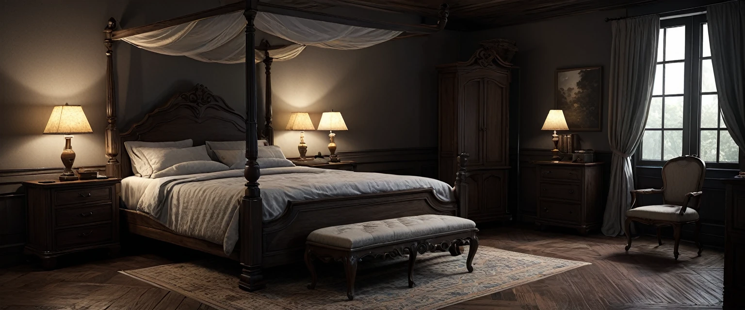 (8k, best quality, masterpiece:1.2), ultra-detailed, Masterpiece, realistic lighting,masterpiece, best quality, masterpiece, official art,extremely detailed CG unity 8k . Make a very simple bedroom resemble a simple rental, featuring a colonial-style bed at night. The bed should have a plain wooden frame with simple sheets and pillows. Include a simple bedside table with a dim, old-fashioned lamp, which casts an eerie shadow. Windows should have traditional wooden shutters, slightly ajar to let in moonlight. The overall color palette should be dark and muted, with minimal lighting to create an eerie atmosphere. The scene zooms in on the bed area, revealing the creaky wooden floor and a light mist in the air, enhancing the impression of a haunting nighttime atmosphere. 