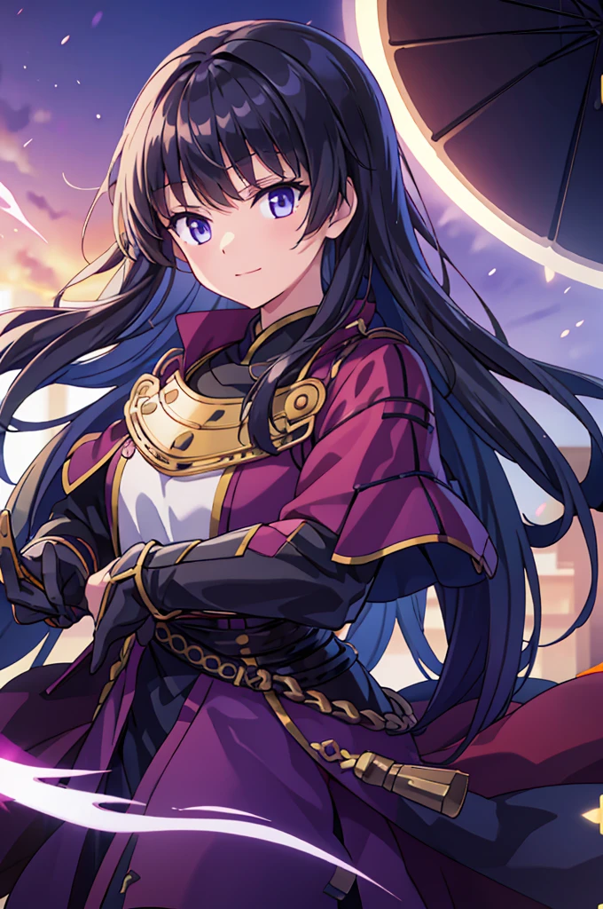 Highest quality, masterpiece, High resolution, alone, (Fire emblem),(FE Heroes_Olwen),Evening sky_background,Young Girl,(smug face),(black_Hair Color), (Bob_Hairstyle),4K, masterpiece,, alone, 1,whole body,looking at the camera, Fumaru,(purple_coat)Sharp Eyes,(Thunder),(Full Finger), (sword_Get Ready), (The finer details), (Anatomically correct), (映画のbackground), Hyper Detail, (Subtle details), (Intricate details)