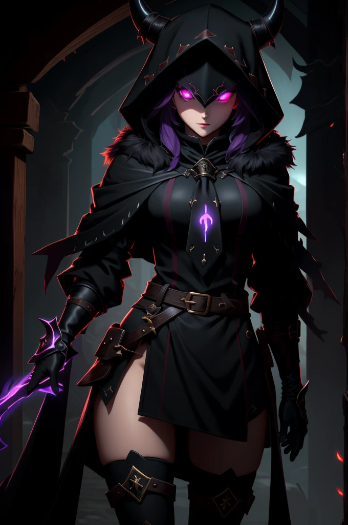 (masterpiece, best quality),  intricate details,
1girl,    nerissa_ravencroft,  fur trim, necktie, black gloves, thighhighs,  horn, 
 edgCultist, dark, ominous, wearing edgCultist_hood, glowing eyes,  purple eyes,