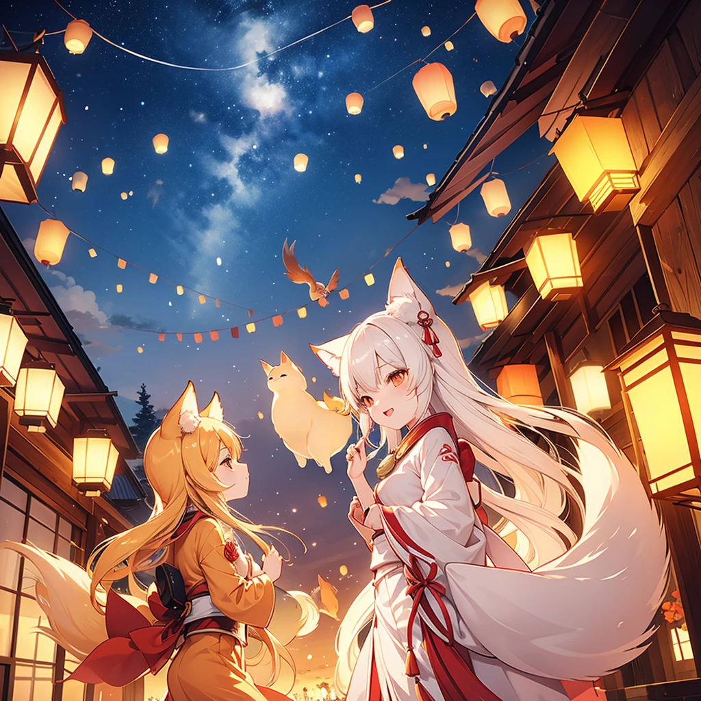 lanterns flying off into the sky, kitsune people, happy, cheerful 