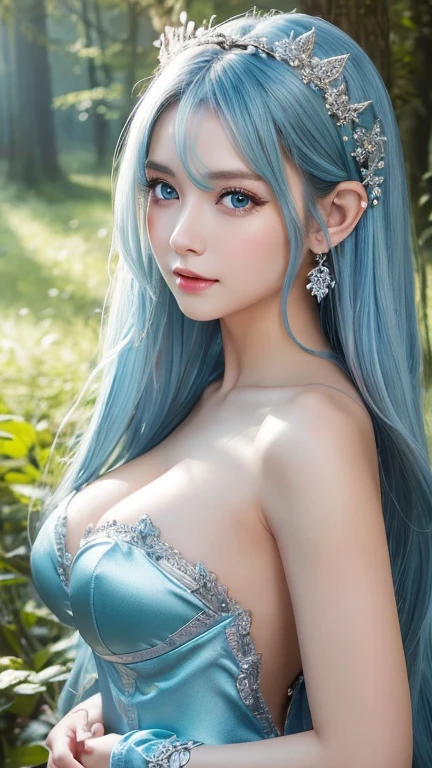 Non-NSFW、Realistic、Highest quality、Highest quality、masterpiece、Ultra-high resolution、RAW Photos、Realistic、Bright lighting、Face Light、Smooth Professional Lighting、Looking into the camera、alone、Adult female、Beautiful woman、Super Beauty、Realistic肌、Moisturized Skin、Realistic eyes and faces、Perfect model body shape、Beautiful Eyes、Big eyes、Inconspicuous tear bags、slim、No bra、Beautiful fingers、very long hair、Silver Hair、Blue Eyes、Looks happy、(Both ears are hidden by hair)、Fantasy World、(undine:1.2)、in the forest、(Sexy Costumes:1.2), Small Ass, (Large Breasts:1.1),(Venus' Nipples:1.2), A konigsreuter, (Off-the-shoulder knit shirt:1.6),(from behind:1.6)