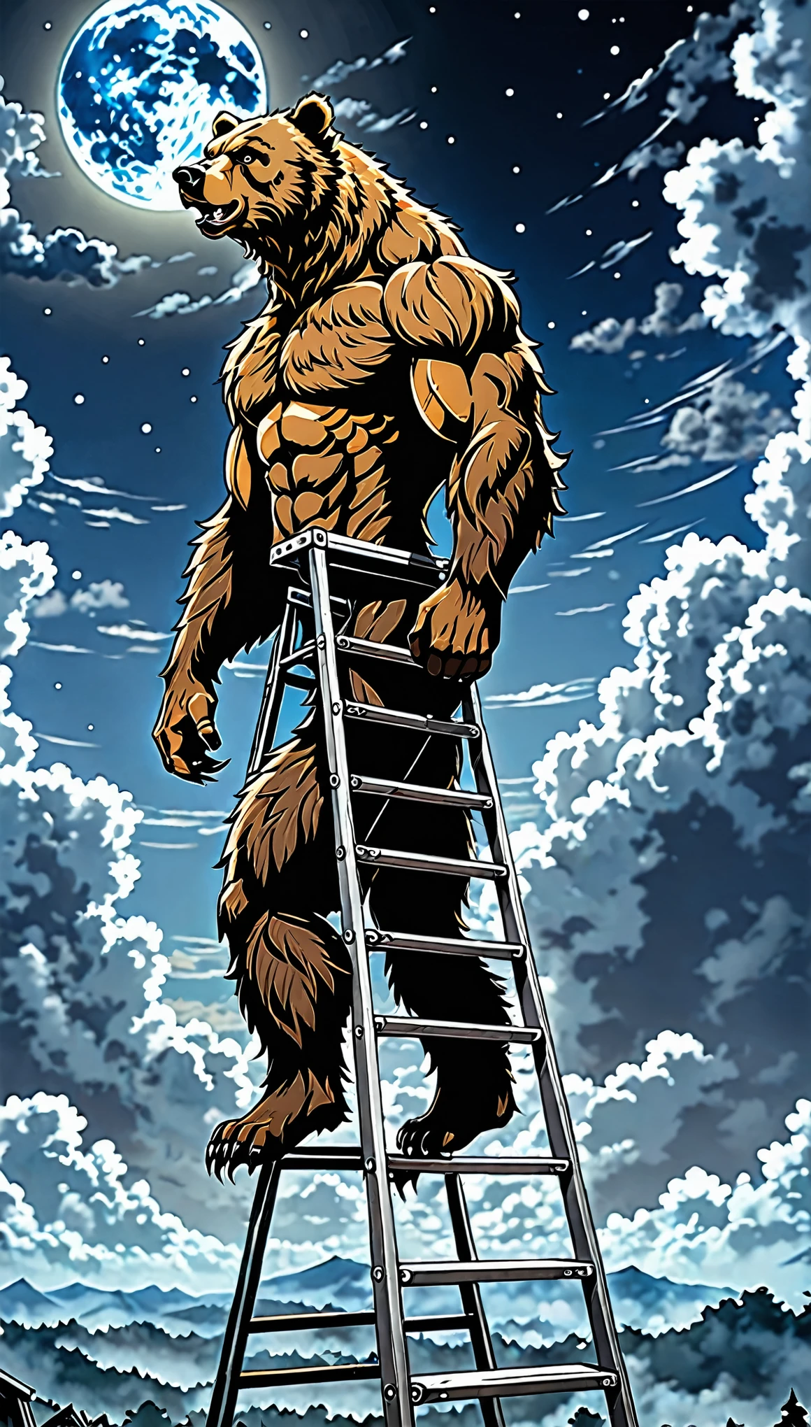 there is a bear that is standing on a ladder in the sky, amazing wallpaper, muscular werewolf, 4k anime wallpaper, 4 k manga wallpaper, anime art wallpaper 4k, anime art wallpaper 4 k, anime wallaper, anime wallpaper 4k, anime wallpaper 4 k, hd anime wallaper, ultra hd anime wallpaper, anime epic artwork, anime style 4 k