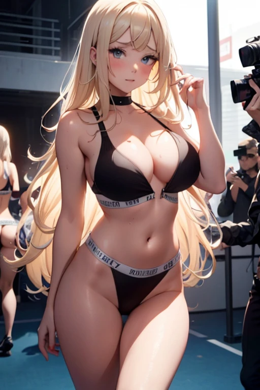 Beautiful blonde girl with very sexy long wavy hair and very tits, very big , huge and alone in a tiny transparent sports bra, taking off her bra and wearing a thong, lowered cowboy shot., Red carpet, awards, walking on the carpet, at night, Photographers taking photos 