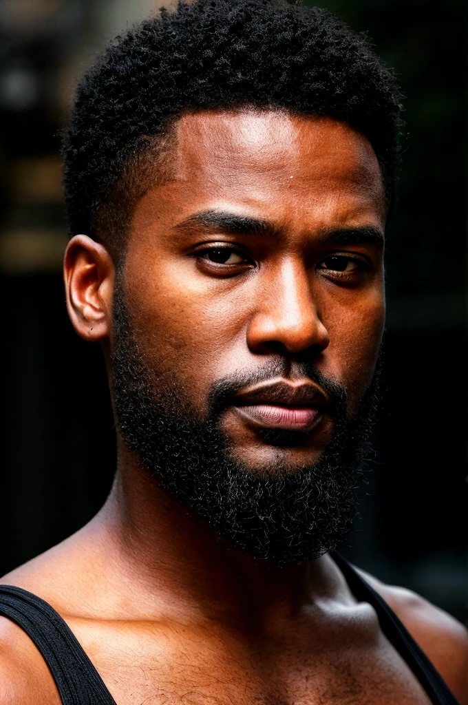 (a 35-year-old american black male), high-quality, hyperrealistic, photorealistic, 8K, street photography, short black hair, ((dark skin)), thick lips, beard covering from sideburns to mouth, stoic fashion model expression, headshot, piercing confident gaze, wearing sleeveless tops, (best quality,4k,8k,highres,masterpiece:1.2),ultra-detailed,(realistic,photorealistic,photo-realistic:1.37),HDR,UHD,studio lighting,ultra-fine painting,sharp focus,physically-based rendering,extreme detail description,professional,vivid colors,bokeh, ((from below))