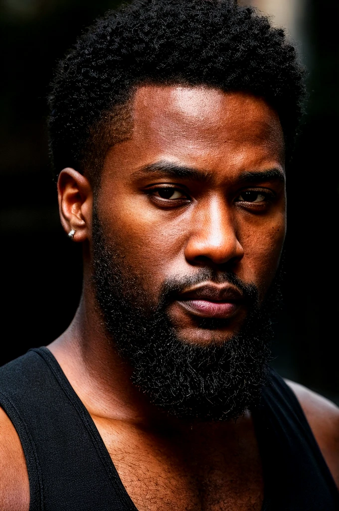 (a 35-year-old american black male), high-quality, hyperrealistic, photorealistic, 8K, street photography, short black hair, ((dark skin)), thick lips, beard covering from sideburns to mouth, stoic fashion model expression, headshot, piercing confident gaze, wearing sleeveless tops, (best quality,4k,8k,highres,masterpiece:1.2),ultra-detailed,(realistic,photorealistic,photo-realistic:1.37),HDR,UHD,studio lighting,ultra-fine painting,sharp focus,physically-based rendering,extreme detail description,professional,vivid colors,bokeh, ((from below))