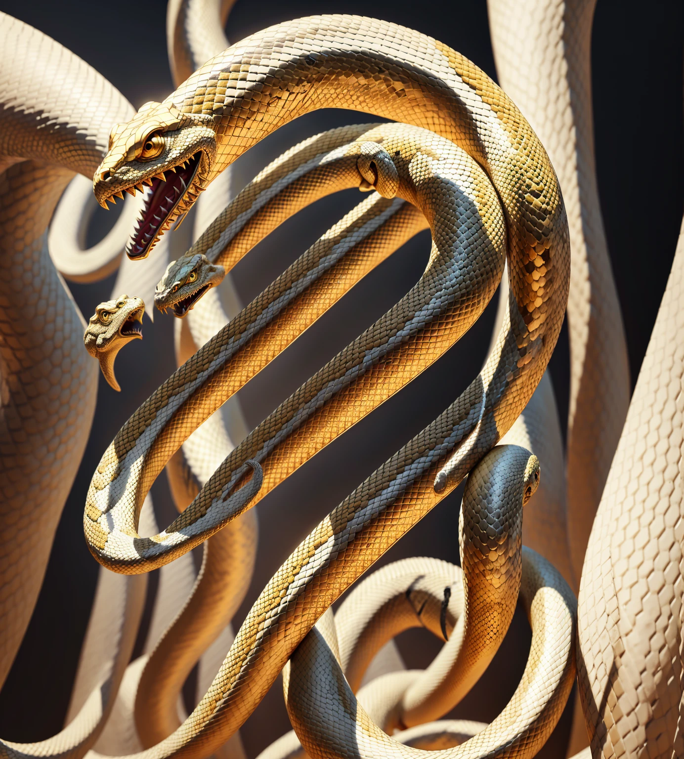 there a white snake statue with a gold head on it, Beautifully detailed digital art, 3D rendering style, 盘绕的现实snake, 一条神圣的snake的肖像, snake art, Stylization 3d 渲染, snake, Digital painting highly detailed, Stylization,Suitable for 3D rendering, highly detailed snakes, snake woman hybrid, Cute numbers, snake body