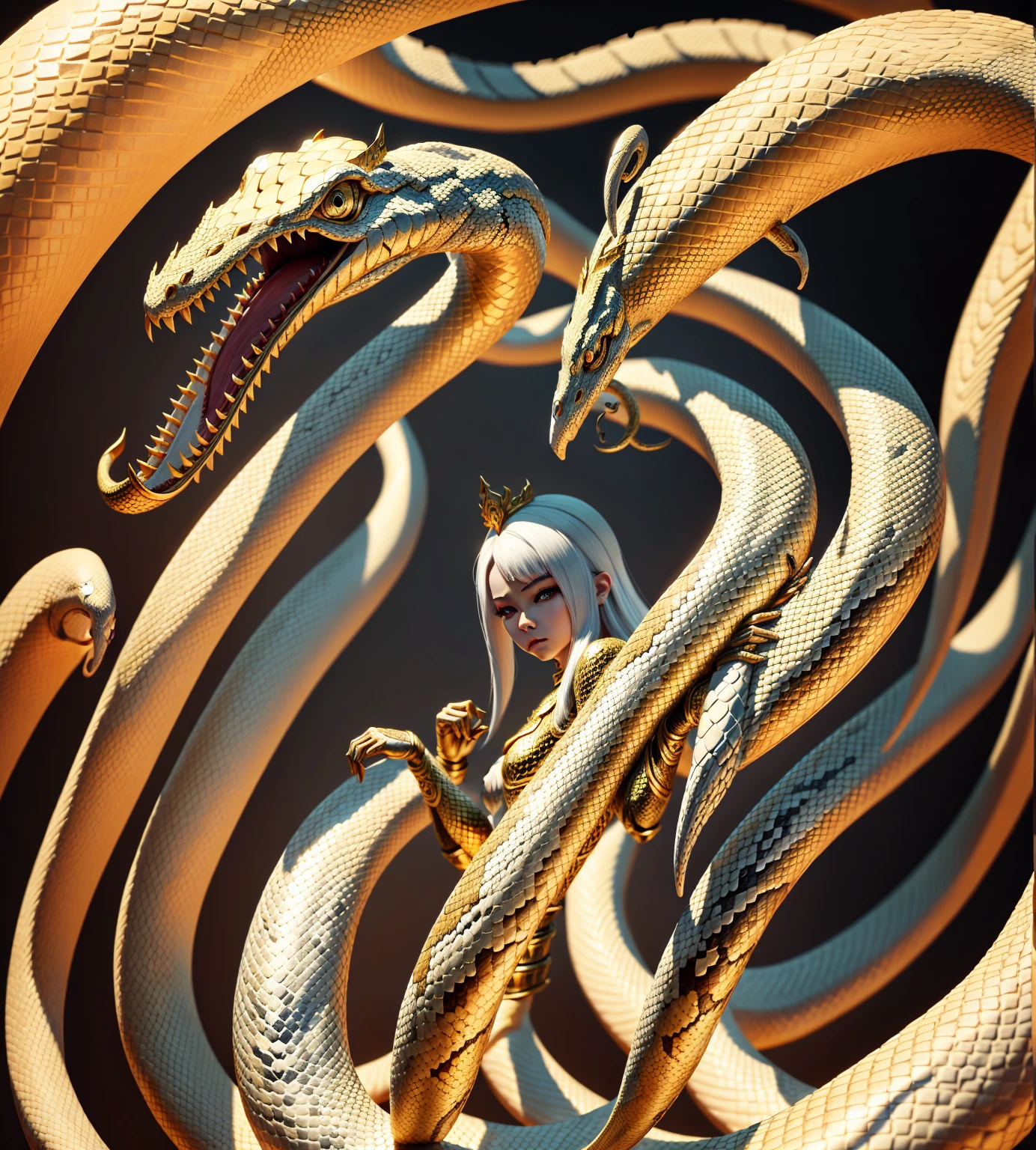 there  a white snake statue with a gold head on it, Beautifully detailed digital art, 3D rendering style, 盘绕的现实snake, 一条神圣的snake的肖像, snake art, Stylization 3d 渲染, snake, Digital painting highly detailed, Stylization，Suitable for 3D rendering, highly detailed snakes, snake woman hybrid, Cute numbers, snake body