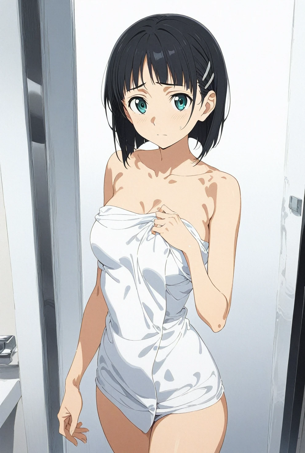(masterpiece), (best quality), (ultra-detailed), very aesthetic, illustration, perfect composition, intricate details, absurdres, detailed face, (intricate),1girl, (kirigaya suguha, sword art online, green eyes, black hair, medium breasts), (shy, blash,embarrassed), (narrowed eyes), (glowing eyes:1.2), bathtowel, glare, bathroom, perfect face, 4k, extremely detailed anime illustration,, enhanced details,cowboy shot,perfect anatomy,smooth skin, (gray background), cristal clear eyes, beautiful face,(anime style:1.5), (highres),