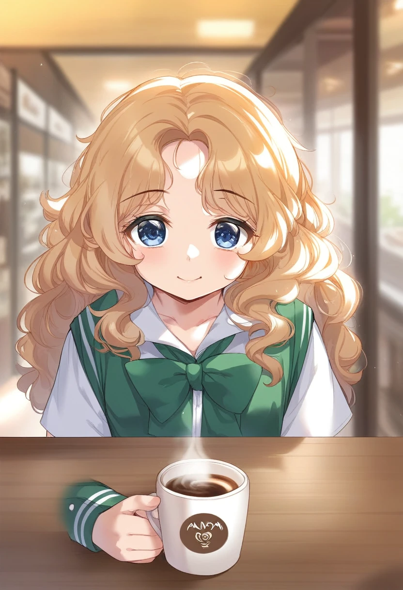 BREAK Perfect Anatomy、Highest quality、(cute:1.1)、(cute)、(High resolution:1.2)、Unbelievably absurd:1.3、Incredible illustrations、(cuteイラスト:1.2)、(Beautiful background、Coffee shop)1gial(Blonde hair and blue eyes、Wavy Hair(child,(a girl, dwarf, height 1.3meters, 30kg),,10-year-old,)(school uniform)Girl drinking cocoa