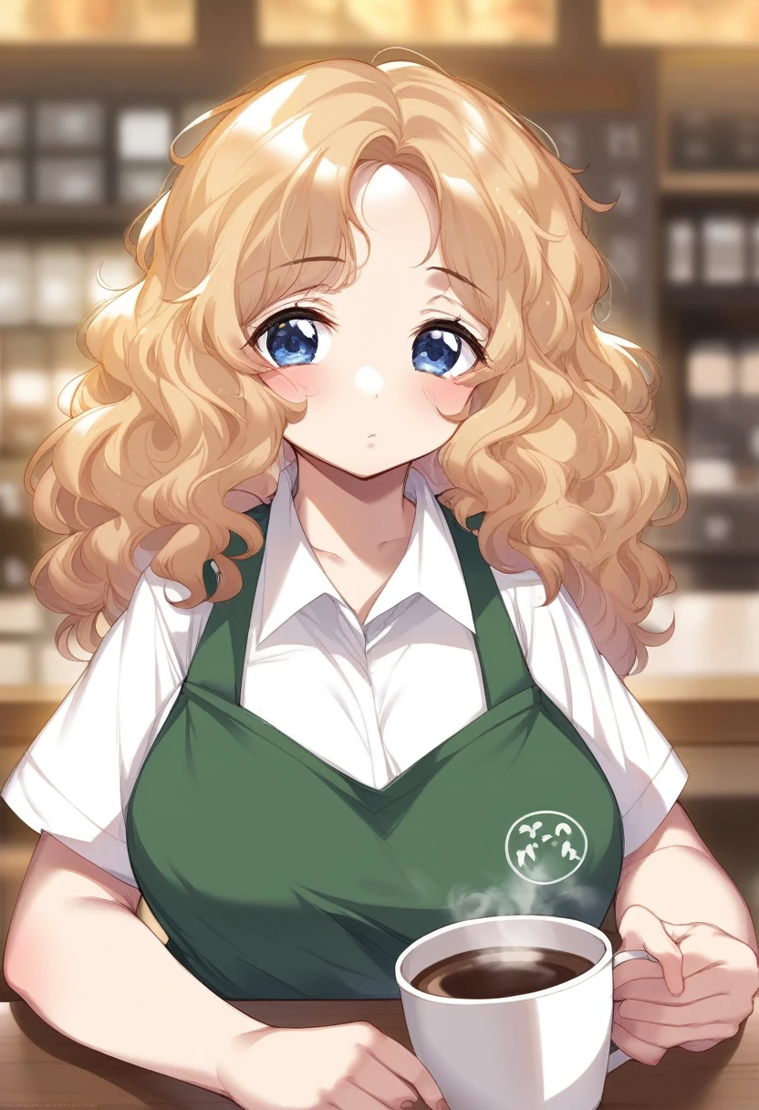 BREAK Perfect Anatomy、Highest quality、(cute:1.1)、(cute)、(High resolution:1.2)、Unbelievably absurd:1.3、Incredible illustrations、(cuteイラスト:1.2)、（Beautiful background、Coffee shop）1gial(Blonde hair and blue eyes、Wavy Hair(,(a girl, dwarf, height 1.3meters, 30kg),,10-ye-olschooniform）Girl drinking cocoa