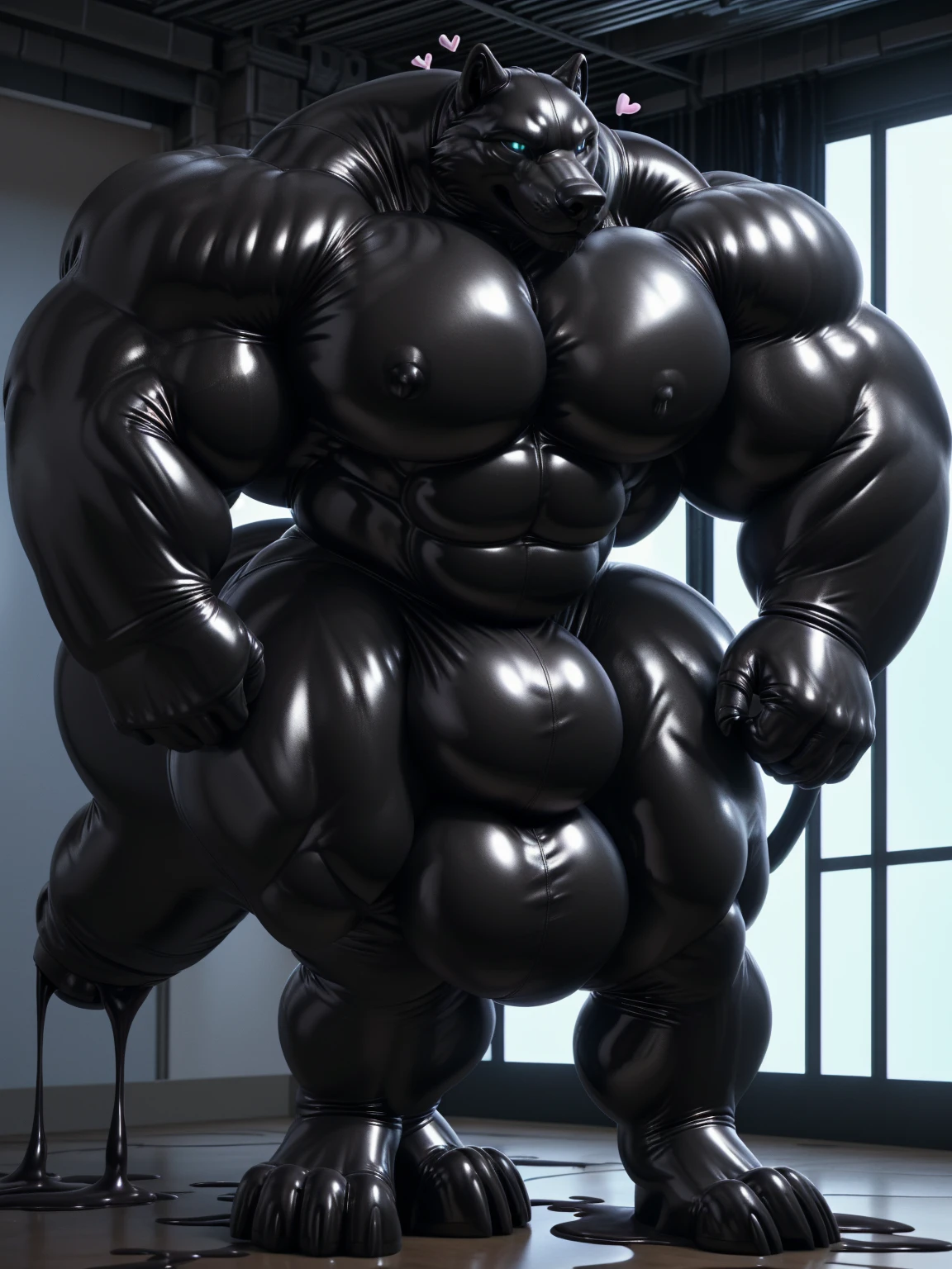 solo, male, , , ,  (hyper pecs:1.2), （long thick thighs:1.5）, standing, indoor,，(，,(,solo,very hyper muscles:1.3)((, Huge bulge：1.3))）（corruption)), black glowing liquid，（((liquid_latex, , rubber:1.2)，,black latex，goo transformation，(gooey)()(l），unreal engine,perfect light，detailed, photorealistic, 4k, hd, , , , good anatomy, , (), ,, high quality, best quality, concept art, photorealistic, wolf,(<3)