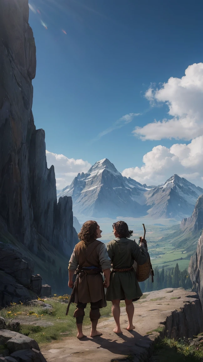 Мартин Фримен в роли Бильбо Бэггинс или hobbit туда и обратно,curly hair, without shoes, barefoot, hobbit, cinematic, against the backdrop of Mount Erebor Fantasy