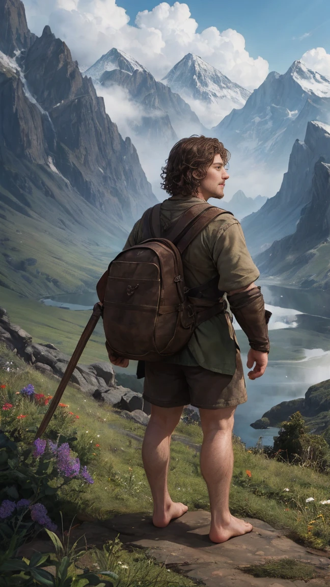 Мартин Фримен в роли Бильбо Бэггинс или hobbit туда и обратно,curly hair, without shoes, barefoot, hobbit, cinematic, against the backdrop of Mount Erebor Fantasy
