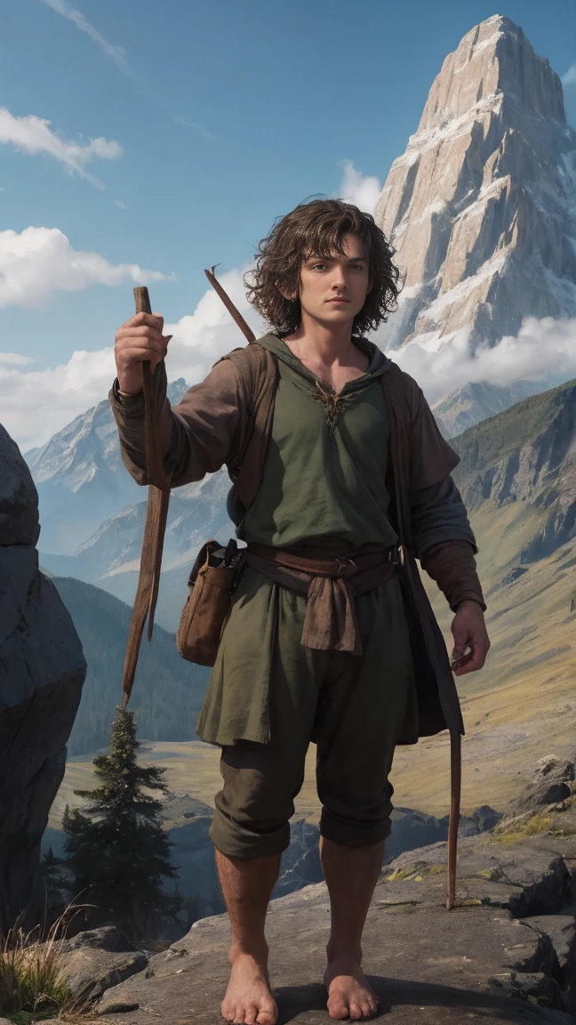 Мартин Фримен в роли Бильбо Бэггинс или hobbit туда и обратно,curly hair, without shoes, barefoot, hobbit, cinematic, against the backdrop of Mount Erebor Fantasy