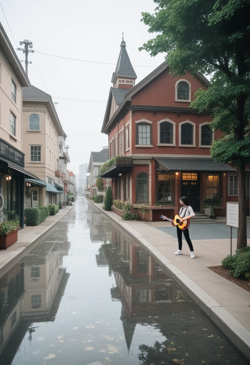 A photo of an extremely beautiful Asian girl playing guitar ,wearing streetwear in the middle of a glass cube filled with lightbulbs, taken from a high angle shot, with dark hair bangs, white sneakers, studio lighting in the style of Kodak film stock,electricguitar stratocaster,w,Paddy field,hydrangea, ripples, light rain, reflection, Leaf image taken with a macro lens,Create a highly detailed illustration of a narrow, live house ,three-story building with a mix of rustic, cyberpunk ,steampunk architectural elements. The façade should feature a combination of brick and tiles. Include various windows on each level, some with small balconies and flower boxes, hydrangea. . Tree.A small, classic pickup car on the surf bord should be parked on the street in front of the building. The street should include a sidewalk and a streetlamp. The illustration should have a whimsical, hand-drawn style with watercolor effects, capturing the charm and texture of the building and its surroundings 