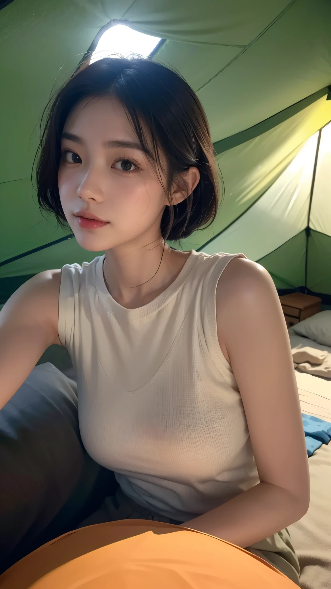 1 woman, Korea people, Beautiful black hair, honey colored hair,((upper body selfie, happy)), Shooting in a tent, wearing a sleeveless t-shirt, beautiful backlight, Tent Open Sign,masterpiece, best quality, overly detailed, alone, Exterior, (night), mountain, nature, (star, moon) cheerful, satisfied,, Lie comfortably in your sleeping bag, inside the tent, When I open the tent, You can see pretty riders outside.., forests, rock formation, descent, forest, performance, Shady, contrast, clear sky, analog style (look up at the viewer:1.2) (skin texture) (film grain: 1.3), (Warm shade, warm tone:1.2), enlargement, cinematic light, side lights, ultra high resolution, best shadow, ..raw, bust, wearing a pullover, Relaxed and intimate photos
