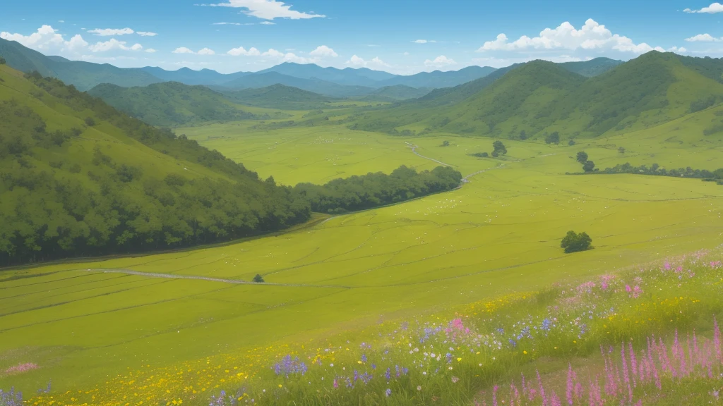 Distant scenery，Green mountains，clear blue skies，Flocks of birds fly in the sky，There are butterflies everywhere，Small river around，tussock，There are flowers on the ground，a warm color palette
