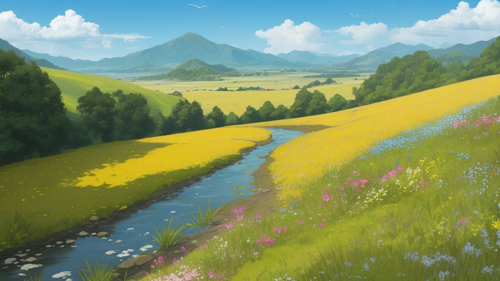 Distant scenery,Green mountains,clear blue skies,Flocks of birds fly in the sky,There are butterflies everywhere,Small river around,tussock,There are flowers on the ground,a warm color palette