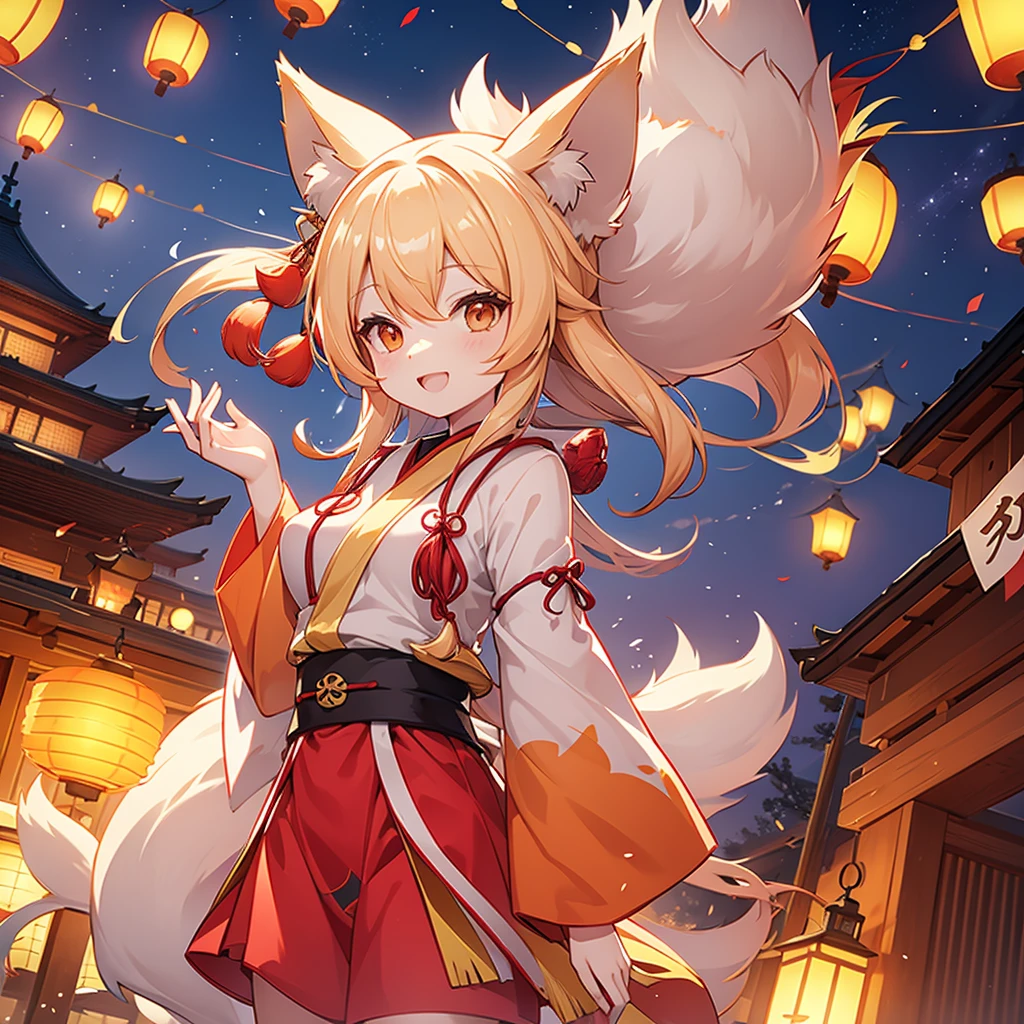 lanterns flying off into the sky, kitsune people, happy, cheerful