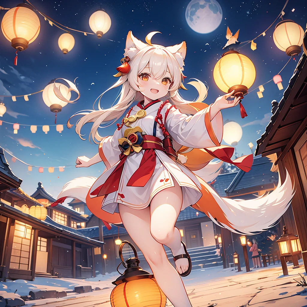 lanterns flying off into the sky, kitsune people, happy, cheerful
