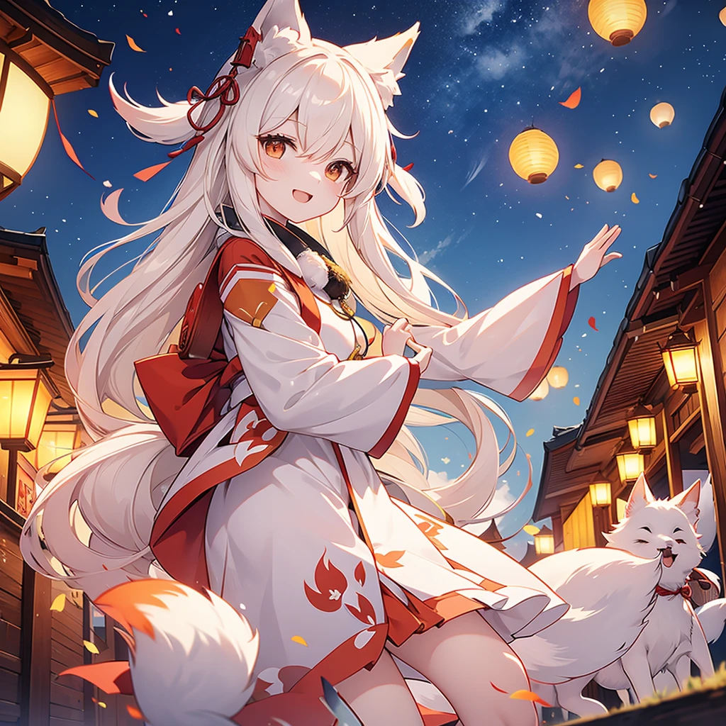 lanterns flying off into the sky, kitsune people, happy, cheerful 
