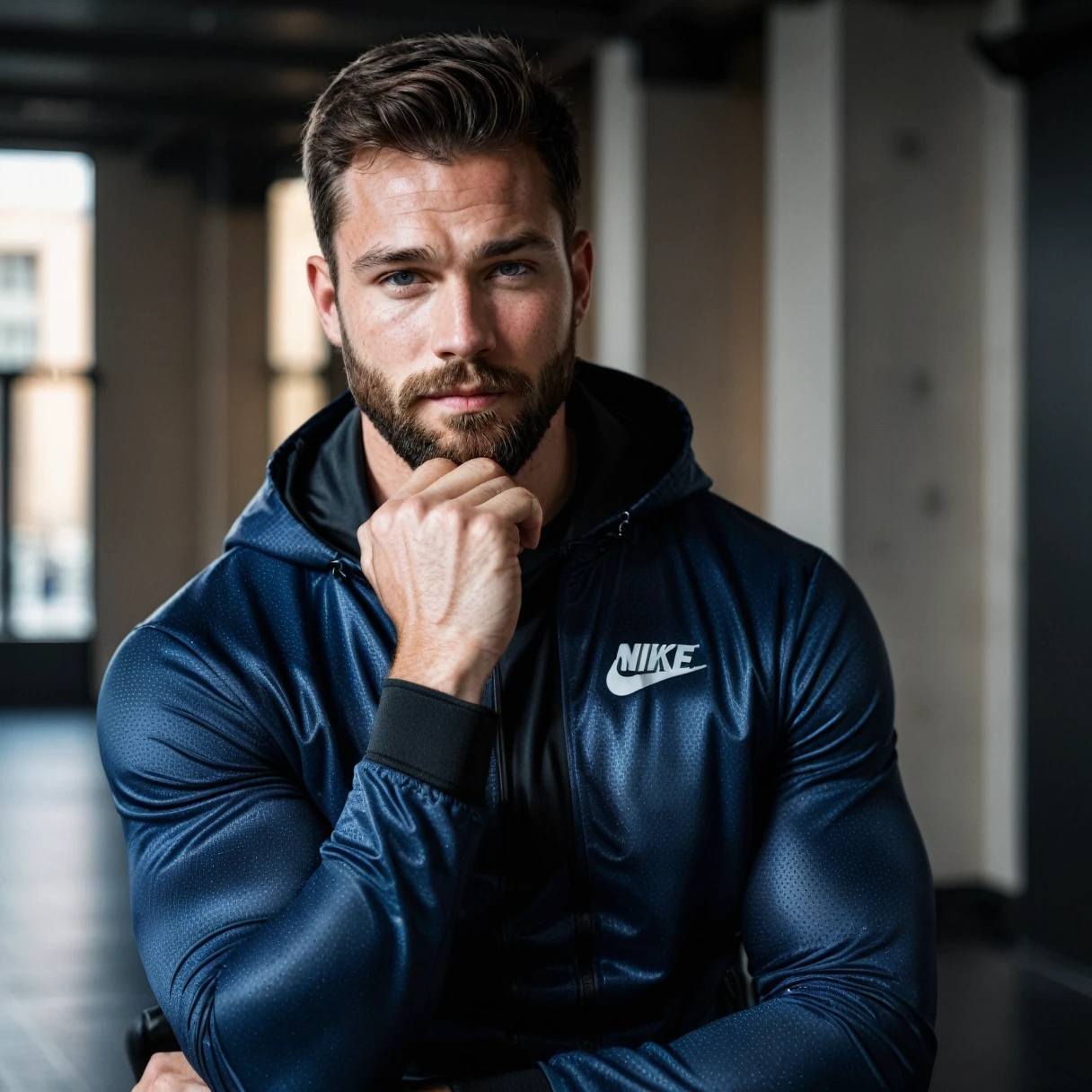RAW-Foto, handsome man with beard in black sportswear, he shows his muscles in a bodybuilding pose, he sits in a hall, standing in the city, Sporty jacket on, Brand logo from Nike on the jacket, detailed face, blue eyes, (highly detailed skin:1.2), 8K  UHD, dslr, soft lighting, good quality, film grain, Fujifilm XT3 dappled light on the face, pale skin, Hautporen, oiled, shiny skin, skin blemishes, impure skin, complicated skin details, visible skin detail, detailed skin structure, Blush, folds, Vitiligo spots, moles, Blackheads, Blackheads, white pimples, red pimples, Schönheitsfleck, Hautflaum, [[[[[freckles]]]]] (perfect eyes), ((perfect hands with four fingers and one thumb each))