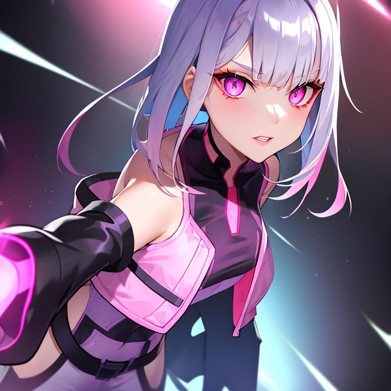 Lucy \(Cyberpunk\), 1 Girl, Bangs, Silver Hair, Color Tips, Purple Eyes, jacket, Long sleeve, Look at the audience, Medium Length Hair, Facial portrait, Colorful hair, Flying hair, Open lips, 分开的Bangs, (Crazy Eyes), Keep your eyes open, Half face, Silver Hair, Portraiture, pink eyeliner, Pink lips, solo, 白色jacket, Cyberpunk\(series\), Cyberpunk边缘奔跑者