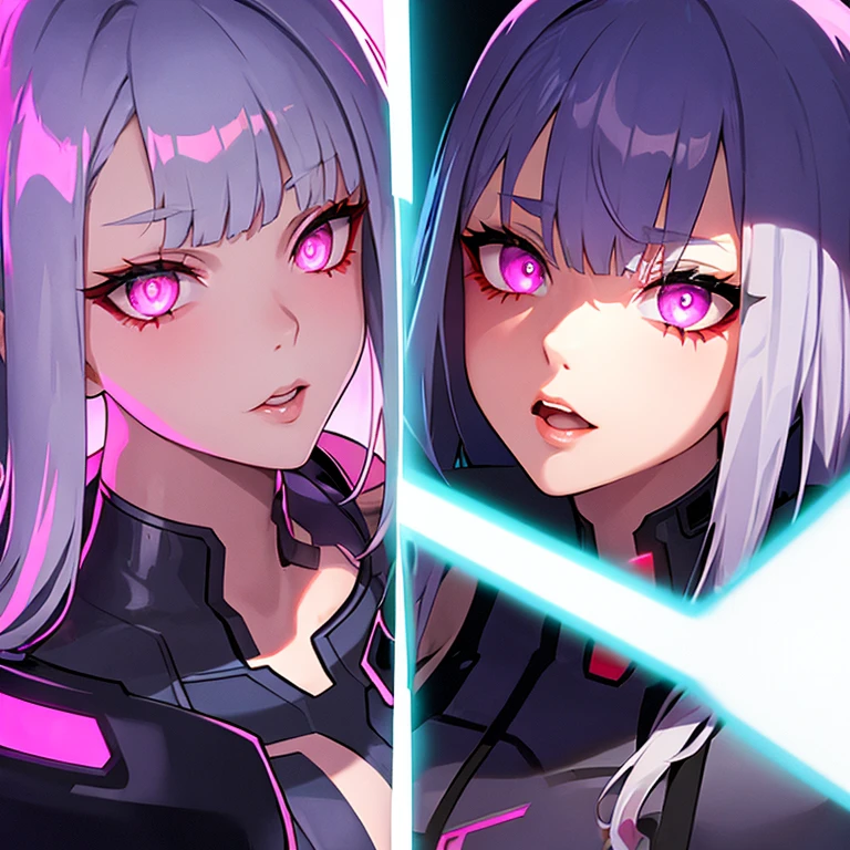 Lucy \(Cyberpunk\), 1 Girl, Bangs, Silver Hair, Color Tips, Purple Eyes, jacket, Long sleeve, Look at the audience, Medium Length Hair, Facial portrait, Colorful hair, Flying hair, Open lips, 分开的Bangs, (Crazy Eyes), Keep your eyes open, Half face, Silver Hair, Portraiture, pink eyeliner, Pink lips, solo, 白色jacket, Cyberpunk\(series\), Cyberpunk边缘奔跑者