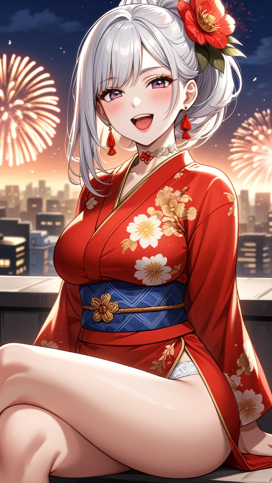 ((One Woman)), Beautiful Face, (Laughing embarrassedly), (laugh:1.2),((Wink:1.7)), (head tilt:1.3), Laugh with your mouth wide open, upper teeth, looking down at viewer, ((Bright red cheeks:1.4)), Glossy Red Lips, night, Skyscraper rooftop, firework, Glossy red lips, Shining Face, ((Anime style background)),masterpiece, Highest quality, so beautiful, high resolution, Complex details, unity 8k wallpaper, (Pink long nails),(ring),(bracelet),(Floral choker), Anime woman with long white hair,High Ponytail, Anime woman posing for a photo,(blue eyes), ((Fine grain、Silvery white, lightly pigmented eyes、Shining Eyes:1.4)), (Squint your eyes:1.1), a hyperRealistic , hyperRealistic , Realistic, A woman in a colorful kimono with gold embroidery, (Black long sleeve kimono), Red floral pattern, Long flower hair ornament,Earrings, (black high heel sandals), Mature Body,(Big Breasts:1.1),Tall,Abdominal muscles,Tight waist, ((showing panties)), (face focus), ((crossed legs:1.1)), (from side),