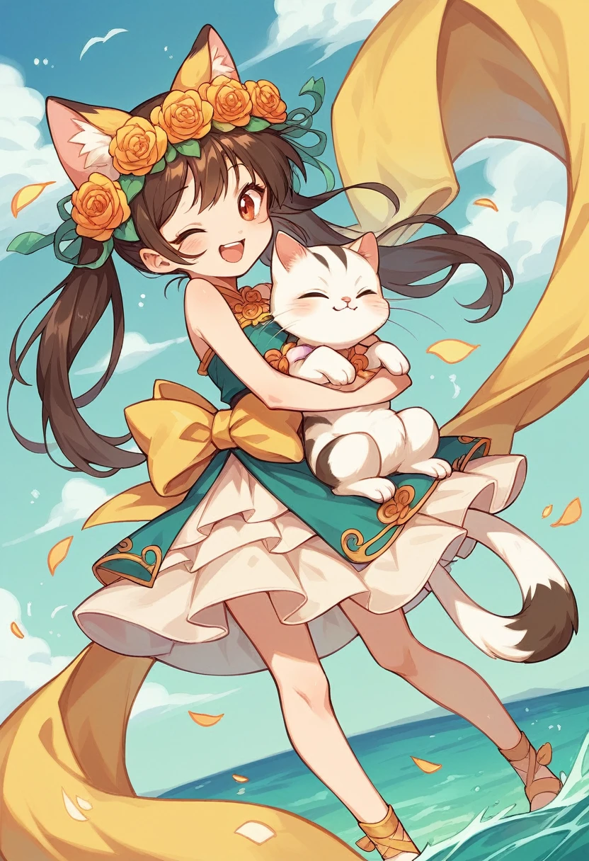 A highly realistic Scottish Fold white kitten with smaller eyes and an even smaller proportionally head, standing upright on two legs further back in the center of the image, facing directly forward with a cute and endearing expression. The kitten is wearing a flower-patterned long-sleeved dress in soft pastel colors, a flower lei, and a flower crown. The background is a bright and festive beach with a carnival atmosphere. The image is in a 9:16 vertical aspect ratio, clearly depicting the kitten standing on two legs even further back in the middle of a festive beach. The kitten's head is even smaller.