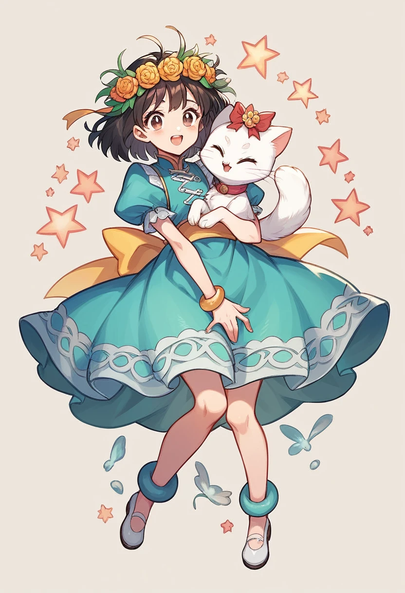 A highly realistic Scottish Fold white kitten with smaller eyes and an even smaller proportionally head, standing upright on two legs further back in the center of the image, facing directly forward with a cute and endearing expression. The kitten is wearing a flower-patterned long-sleeved dress in soft pastel colors, a flower lei, and a flower crown. The background is a bright and festive beach with a carnival atmosphere. The image is in a 9:16 vertical aspect ratio, clearly depicting the kitten standing on two legs even further back in the middle of a festive beach. The kitten's head is even smaller.