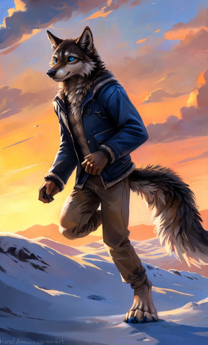((Solo)), male people, anthro wolf, (Multi-colored fur, White-brown:1.3，White tail pointed), (Height 2.1m,Tail length 1.2m), ((Wolf face, Big eyes, White eyelids, Blue pupil, Slim:1.2) (Tough, Calm expression:1.2)), Slim, pinging)), (Correct anatomy), (Winter clothing:1.1), The upper body  naked, (detailed outfits),A long big tail，Feet，(Realistic fur, Detailed fur texture, labeled:1.3)), (Natural lighting), Photorealistic, Hyperrealistic, ultradetailed, by Kenket，Snowfield，erect through，Running on